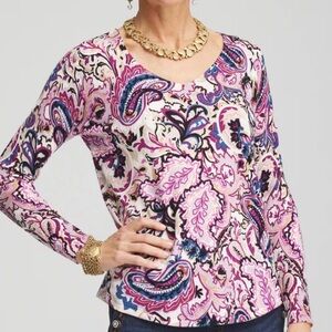 Chico's Multicolor Purple Cream V Neck Pullover Paisley Long Sleeve Sweater